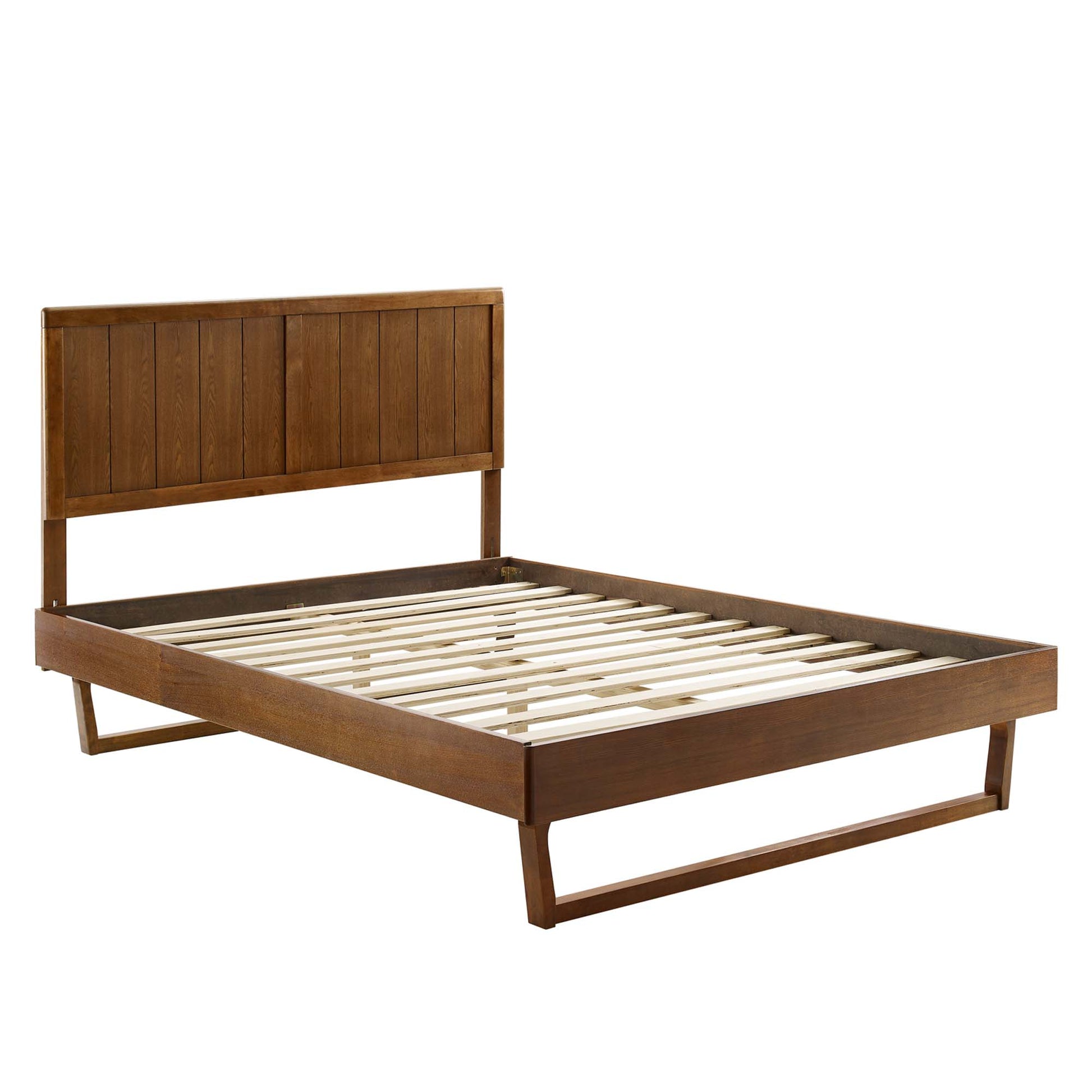 Walnut-finish wooden platform bed frame with angular frame, vertical slat headboard and slatted base.