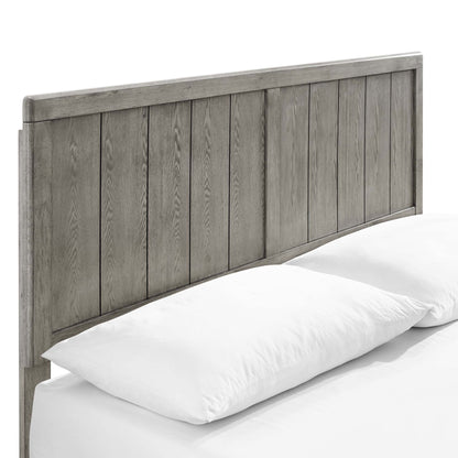 Weathered gray wood king platform bed with an angular, low-profile frame.