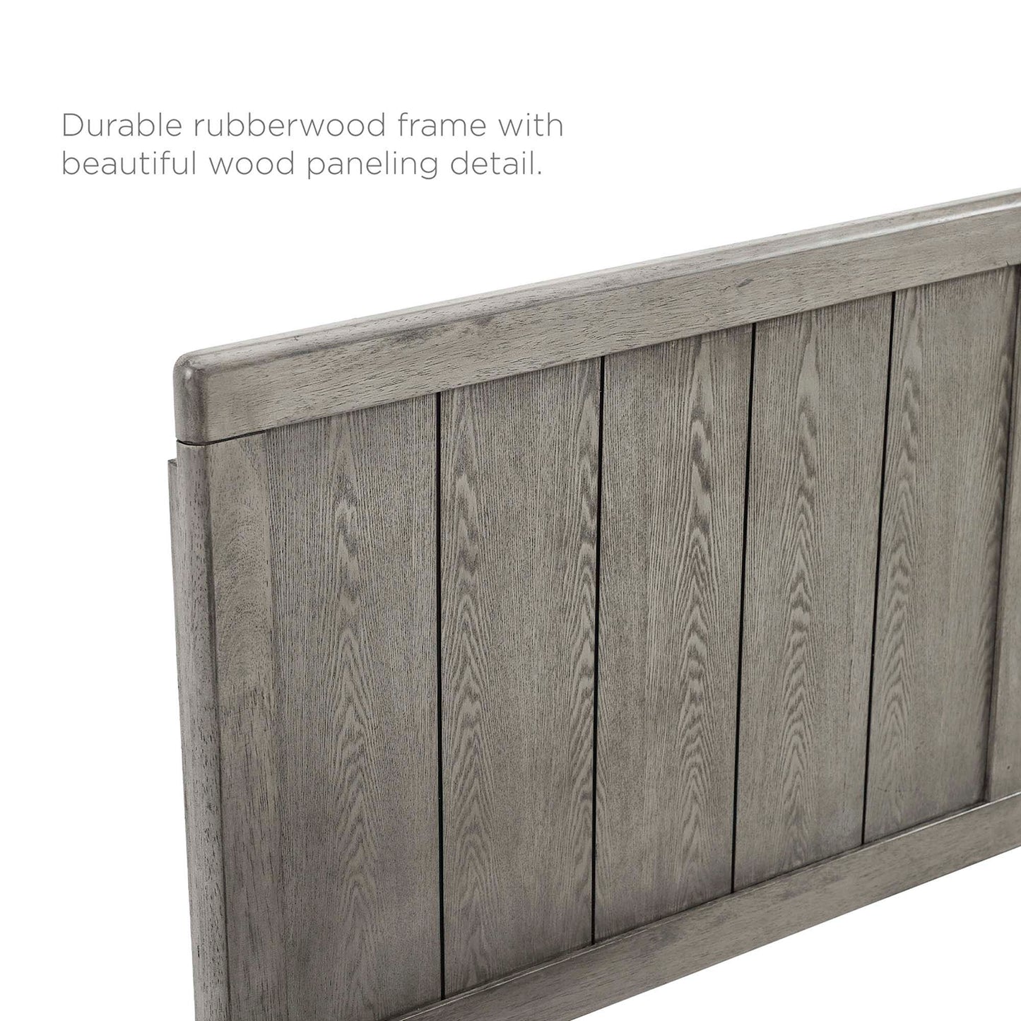 Gray rubberwood king platform bed with an angular frame and vertical panel accents; weathered, rustic-modern style.