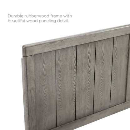 Gray rubberwood king platform bed with an angular frame and vertical panel accents; weathered, rustic-modern style.