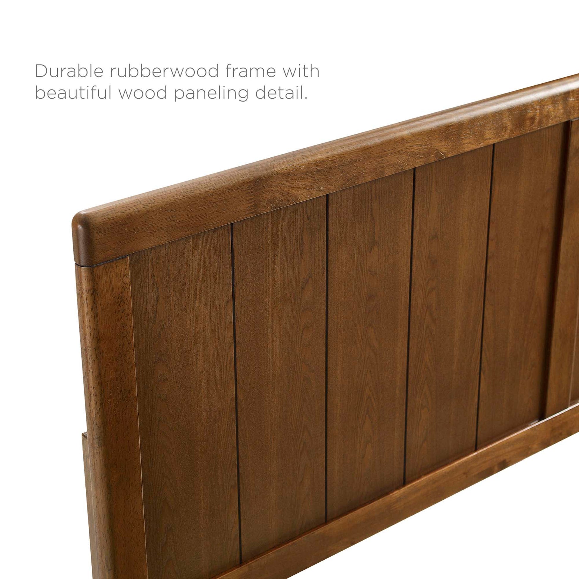 Walnut-finish rubberwood twin platform bed with angular frame and vertical wood paneling.
