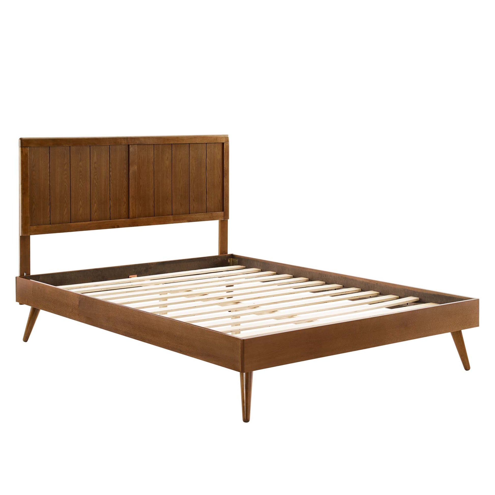 Walnut-finish platform bed frame with vertical slat headboard, wooden slat support, and splayed legs.