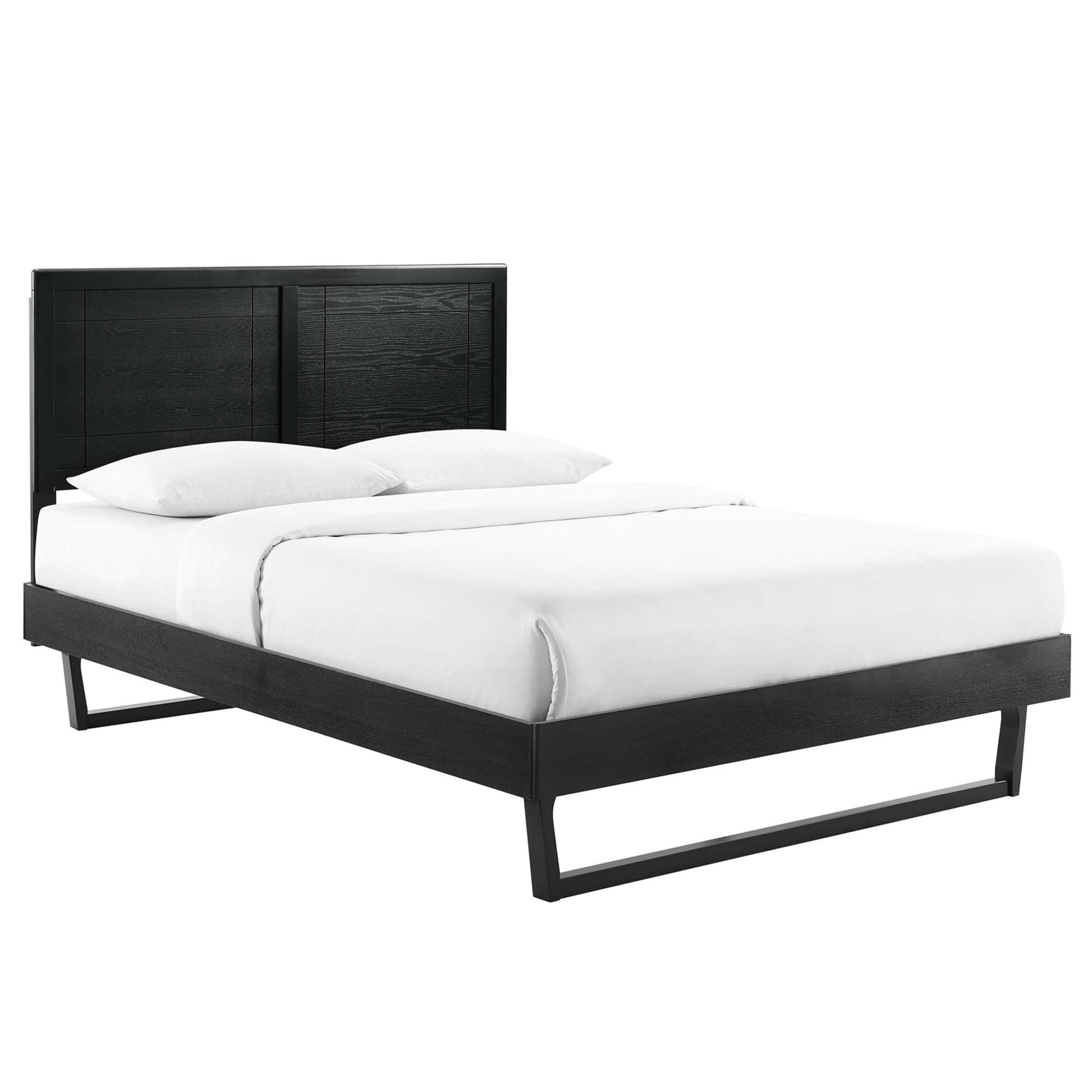 Black wood full platform bed with angular frame, dressed in white bedding.