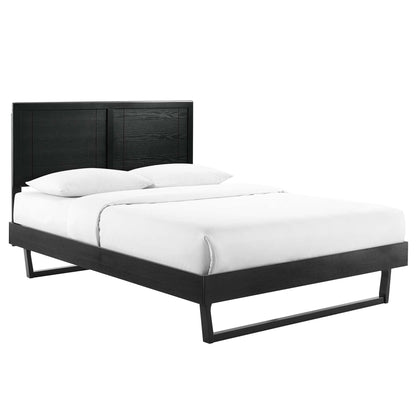 Black wood full platform bed with angular frame, dressed in white bedding.