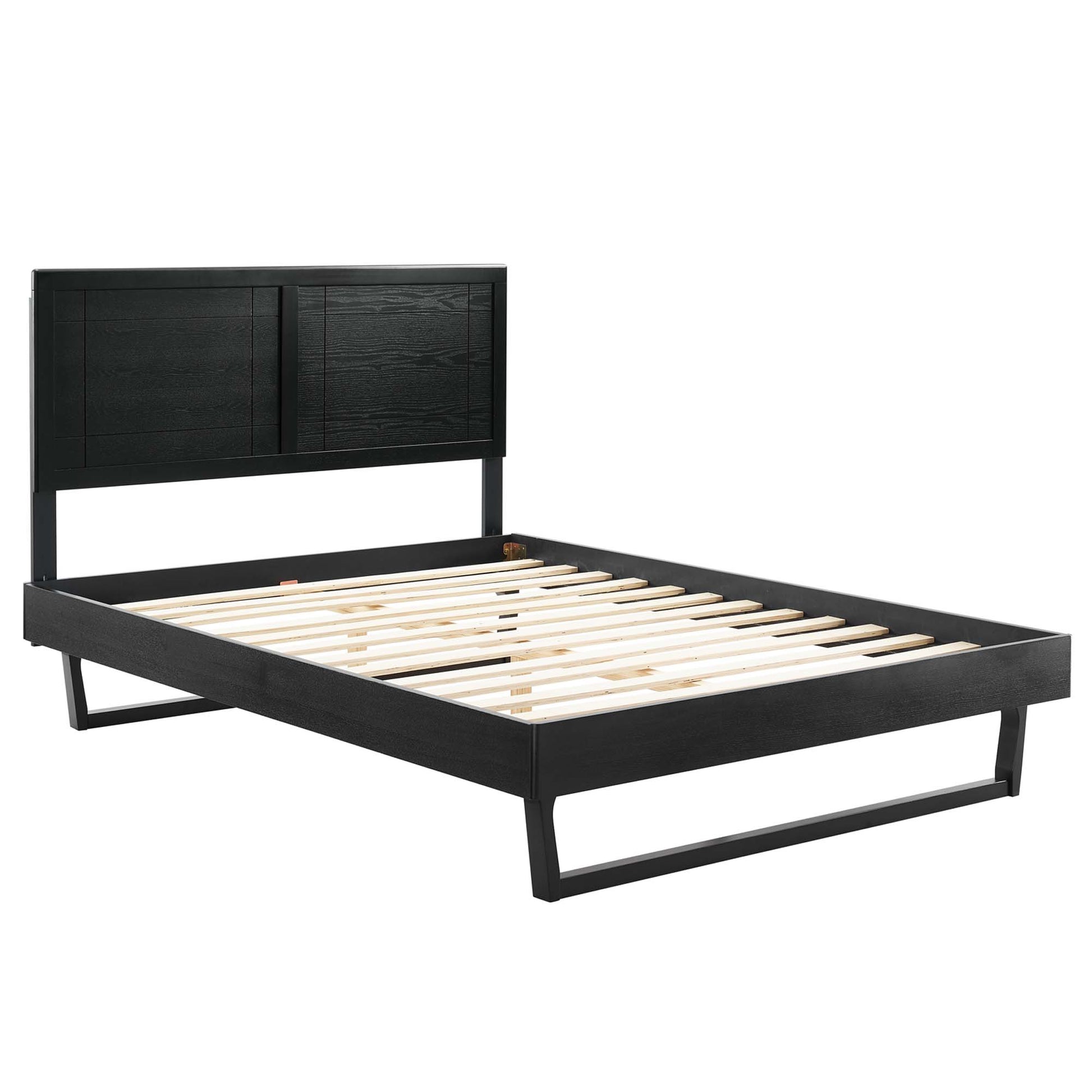 Black wood full platform bed with an angular frame, featuring a two-panel dark wood headboard and natural wood slats.