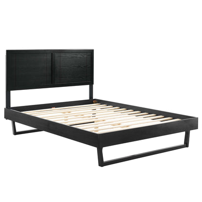 Black wood full platform bed with an angular frame, featuring a two-panel dark wood headboard and natural wood slats.