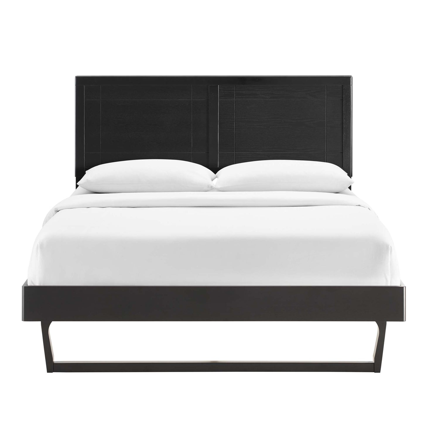 Black platform bed with rectangular paneled headboard and low footboard, white bedding.