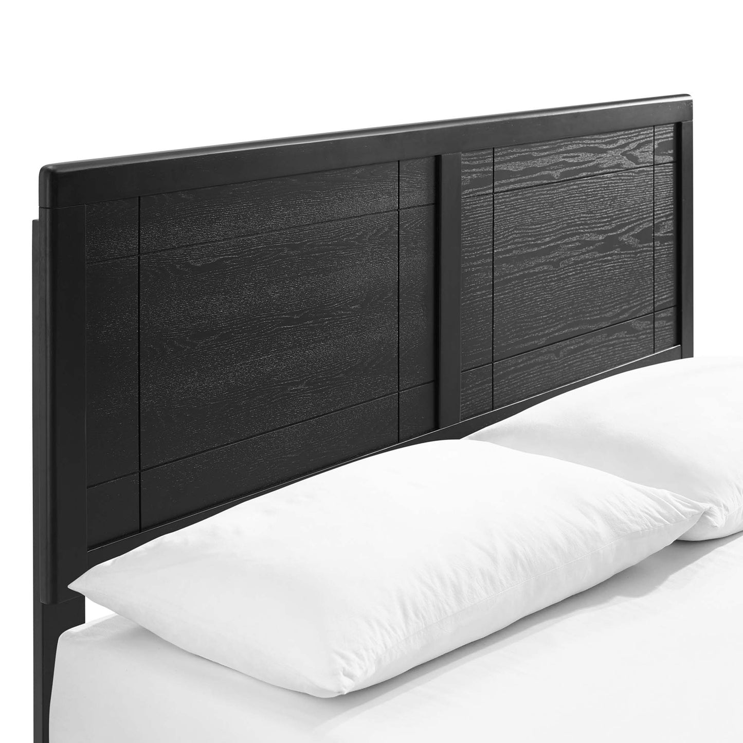 Black wooden full platform bed with an angular frame and paneled headboard, showing wood grain.