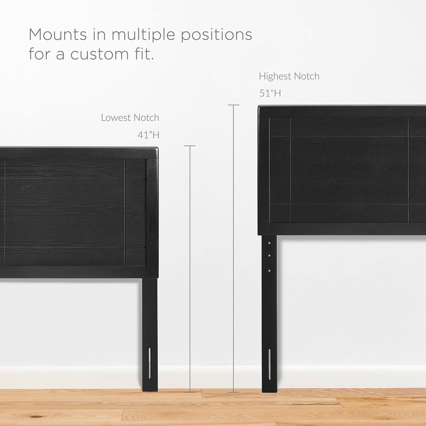 Black wood full platform bed with an angular frame.