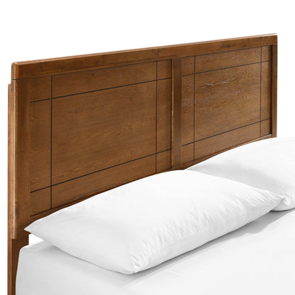 Walnut wood full platform bed with angular frame, featuring a two-panel headboard with subtle linear accents.