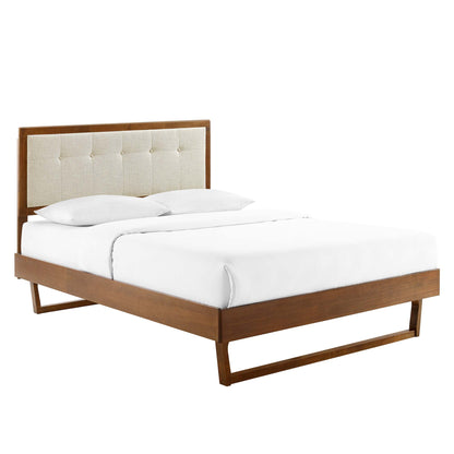 Willow wood platform bed with beige tufted headboard and white bedding; modern minimalist design.