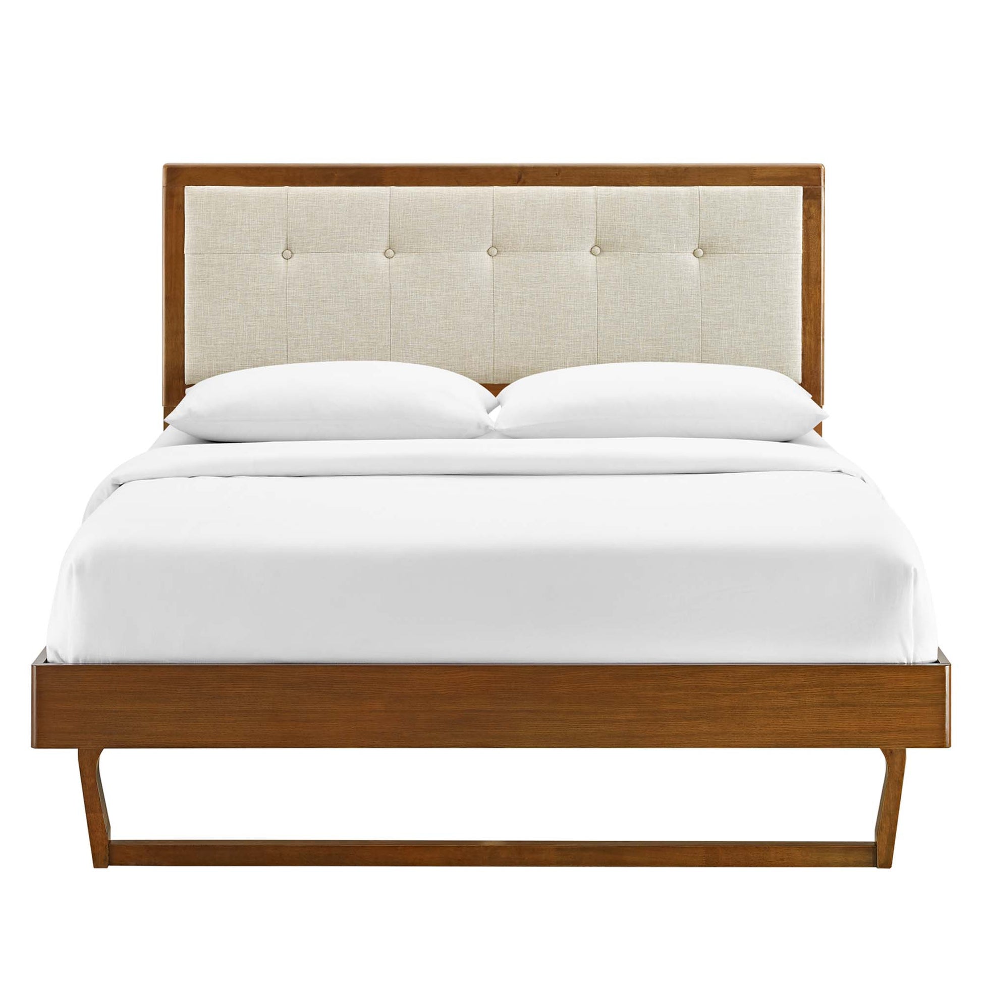 Willow Wood full platform bed with angular frame, beige tufted upholstered headboard and white bedding, mid-century modern design.