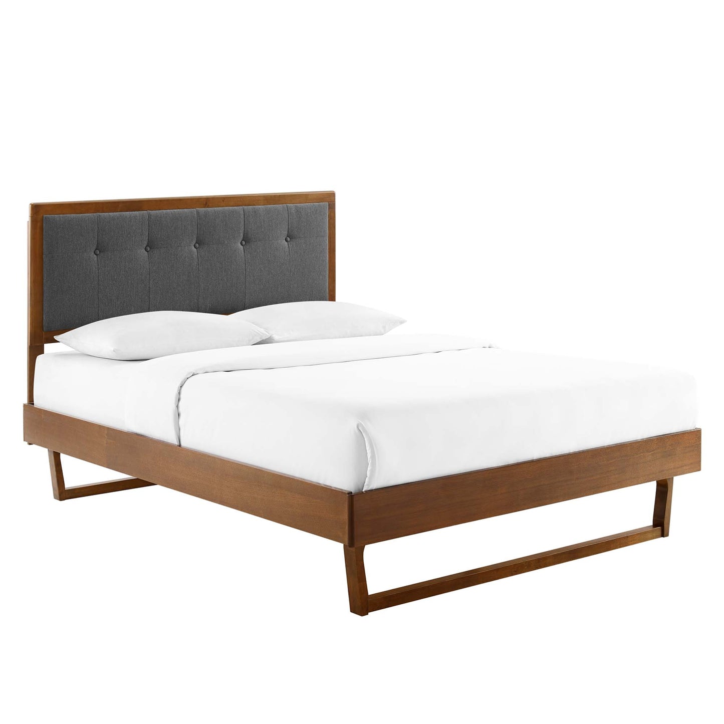 Willow wood full platform bed with angular frame, charcoal tufted headboard and white bedding.