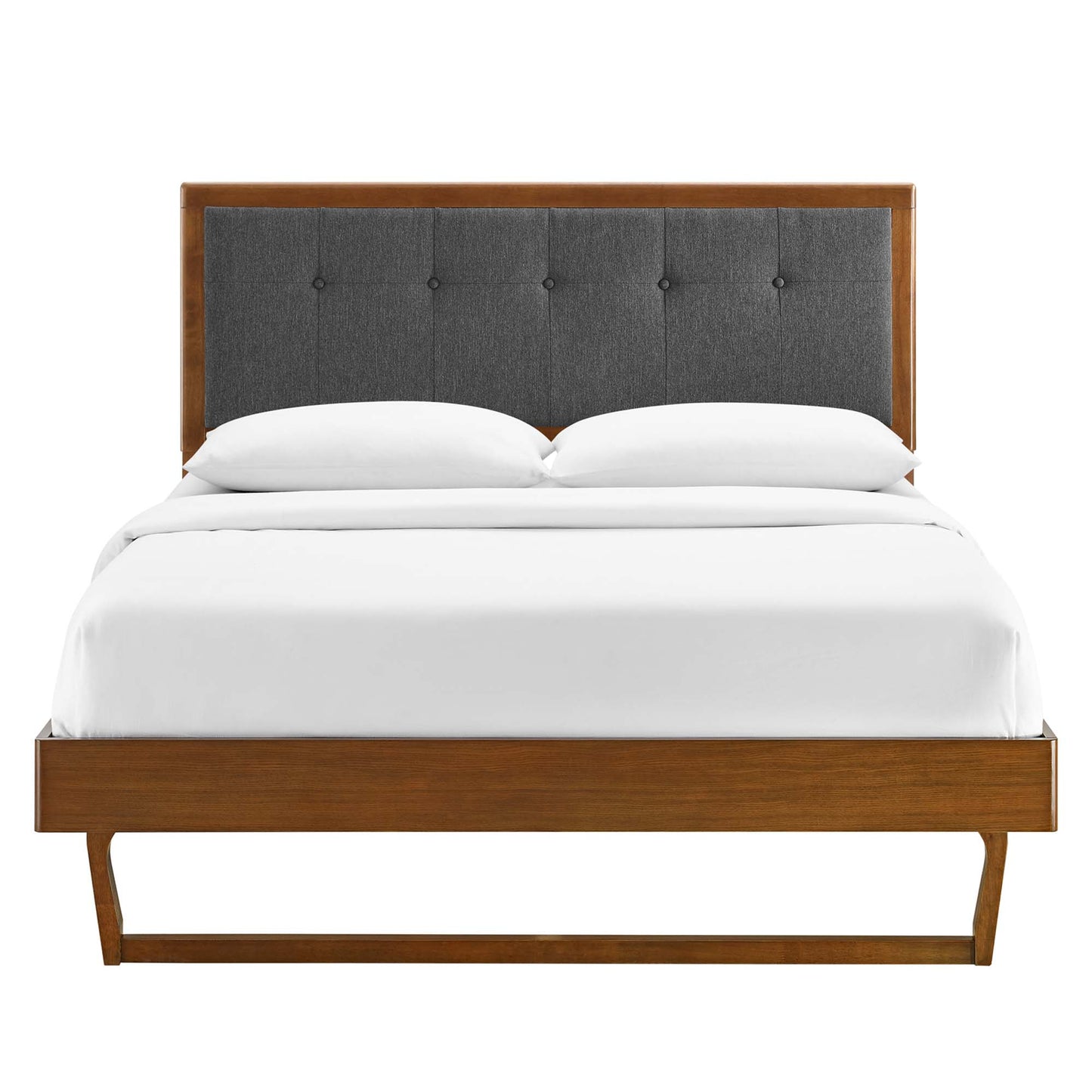 Willow Wood full platform bed with angular frame and white bedding.