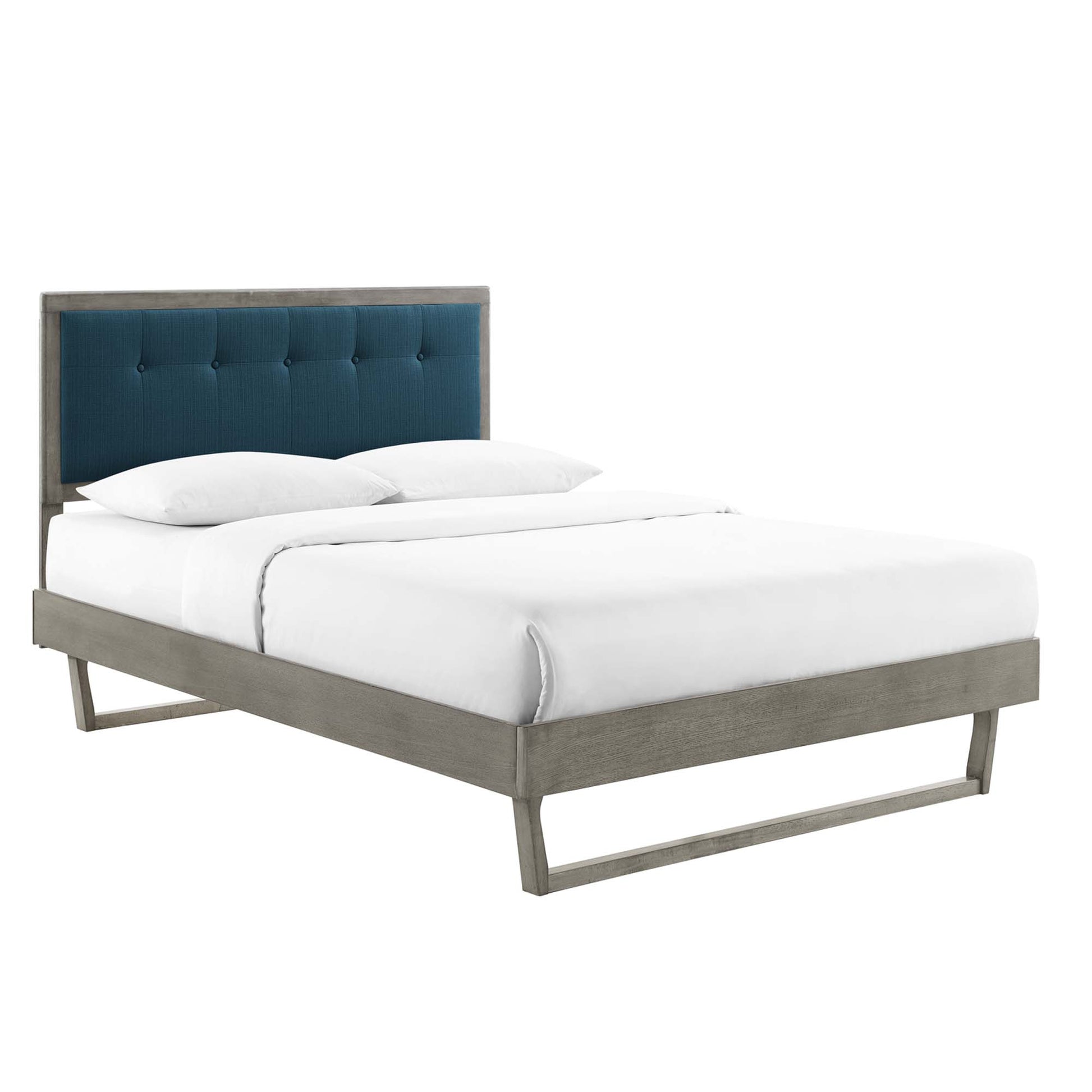 Gray azure king platform bed with angular frame and white bedding.