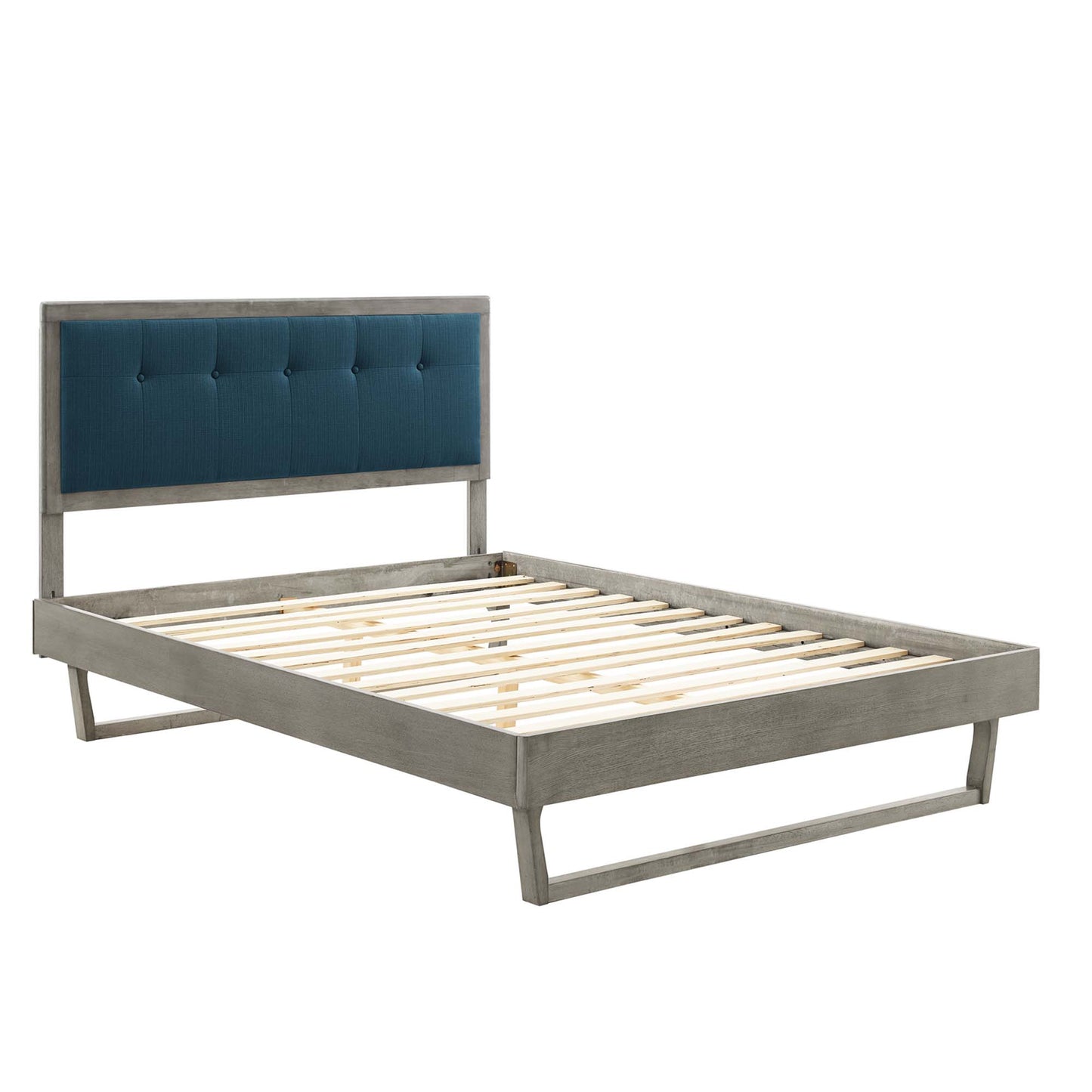Weathered gray wood bed frame with teal tufted headboard and slatted platform.