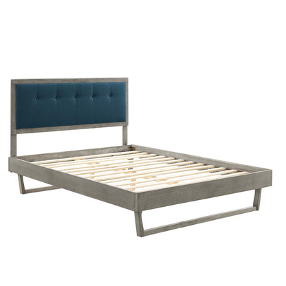 Weathered gray wood bed frame with teal tufted headboard and slatted platform.