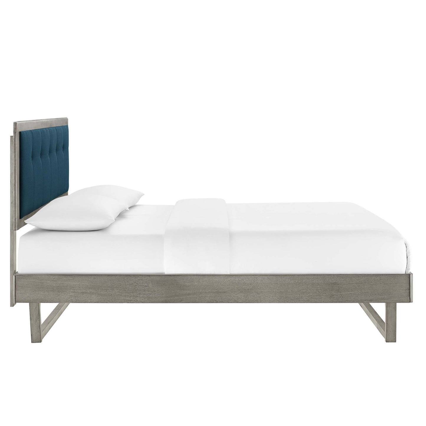 Gray Azure Willow Wood king platform bed with an angular frame, dressed in white linens.