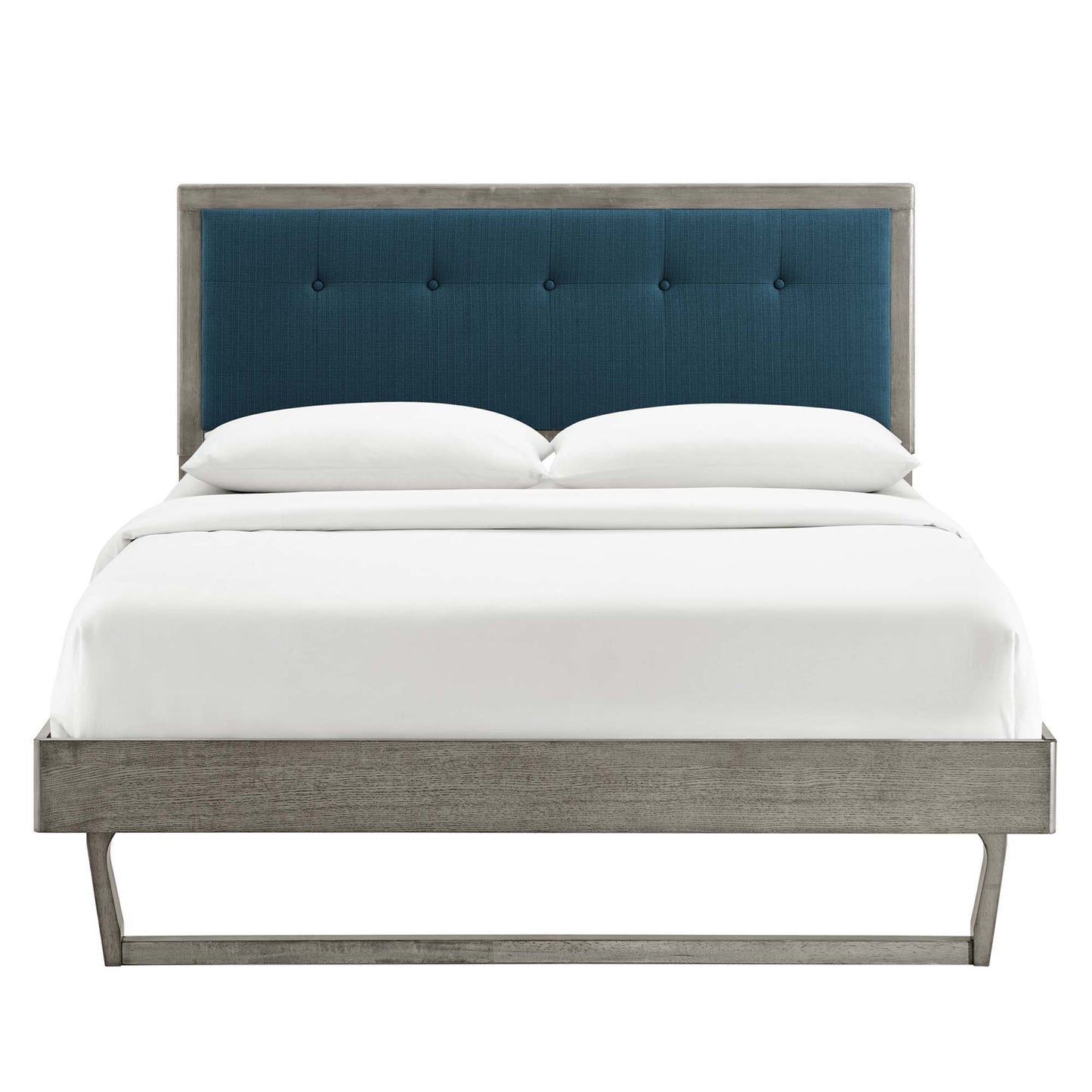 Gray Azure wood-framed king platform bed with angular frame; white bedding visible.