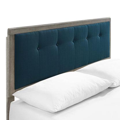 King-size willow wood platform bed with an angular frame in gray azure.