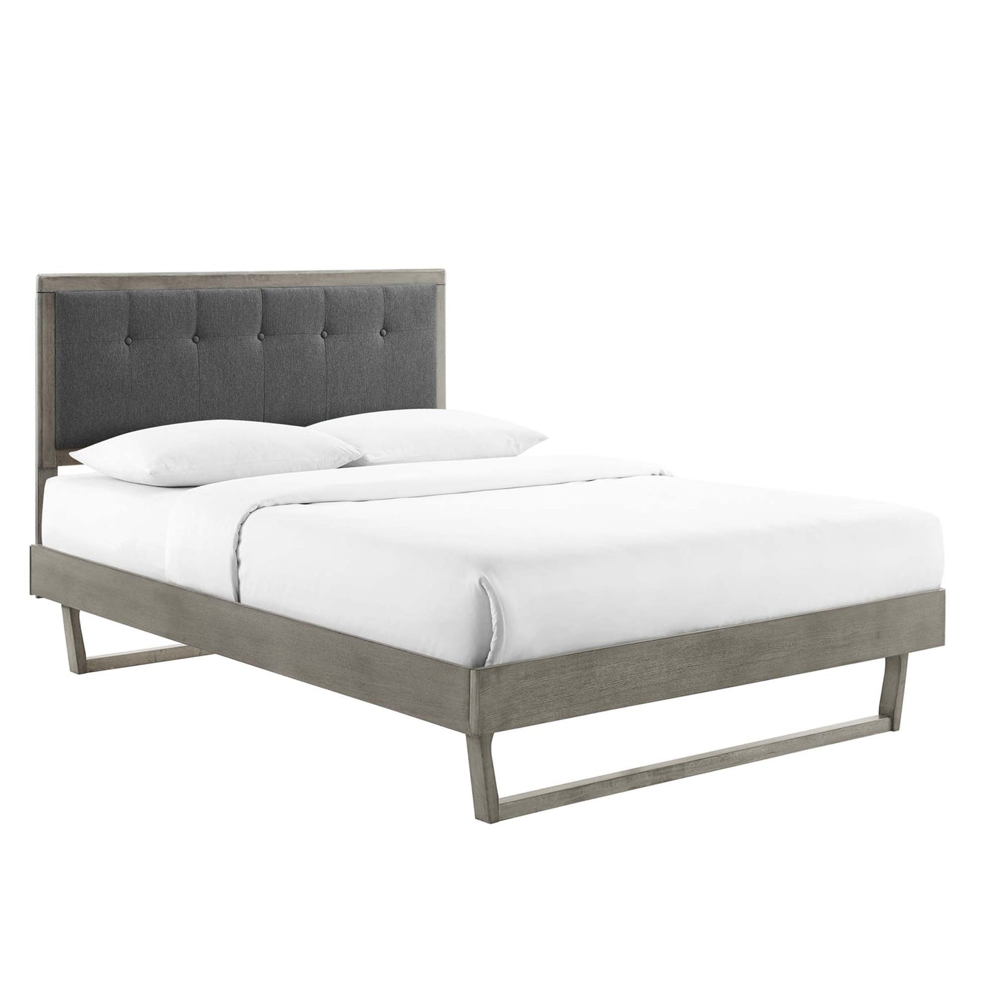 Gray charcoal Willow Wood king platform bed with an angular wooden frame and white bedding.