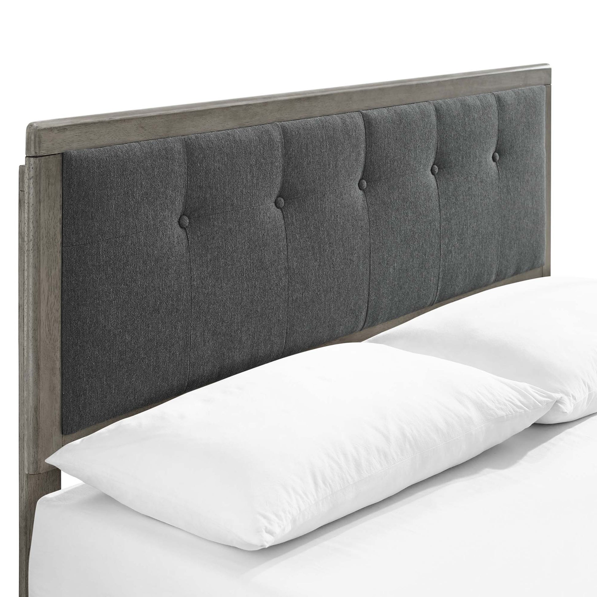 Charcoal gray king platform bed with an angular wooden frame.