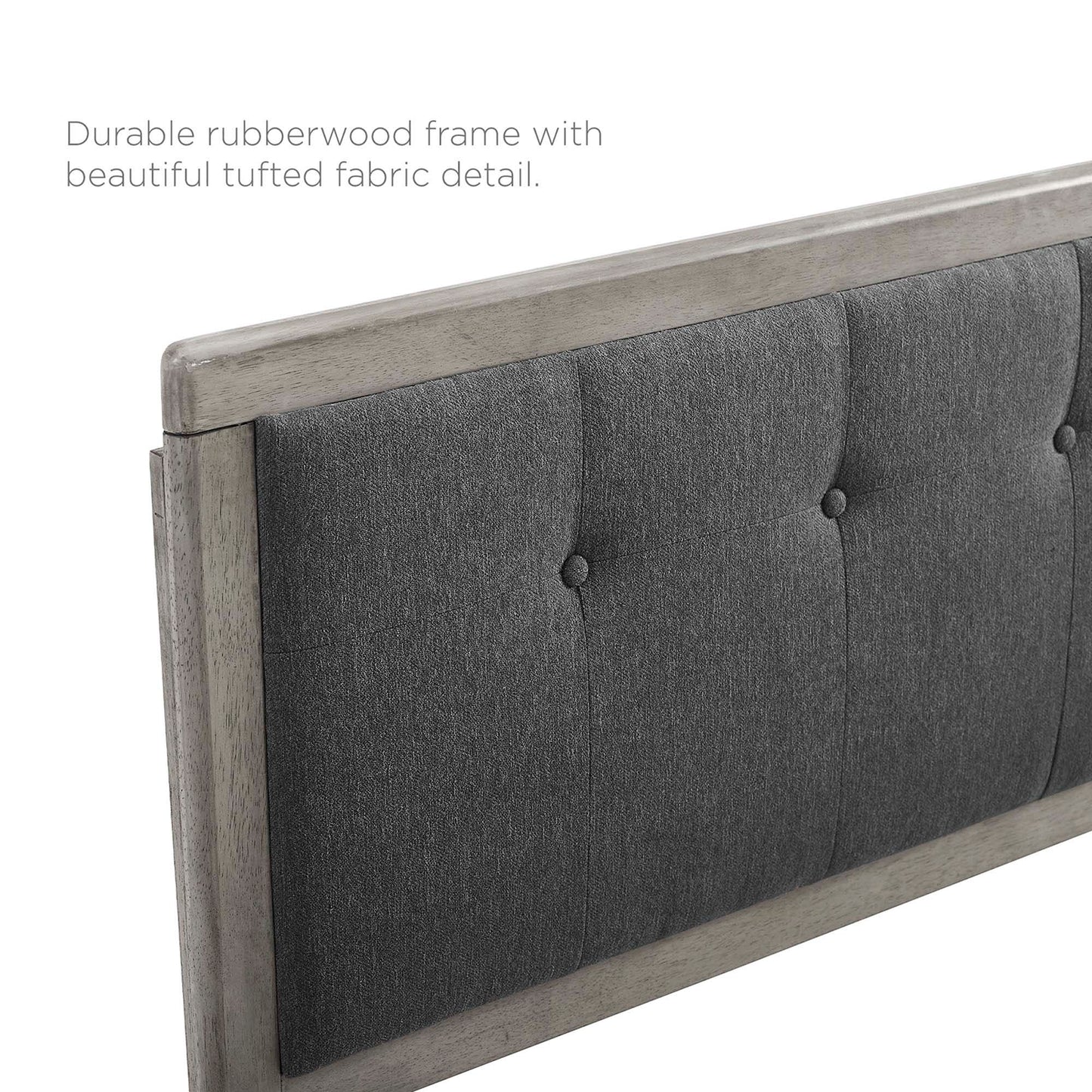 Dark charcoal gray king platform bed with an angular willow wood frame.