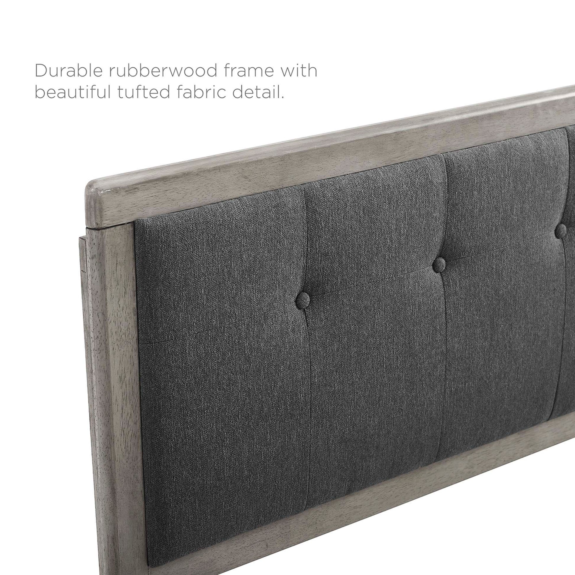 Dark charcoal gray king platform bed with an angular willow wood frame.