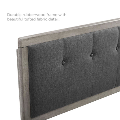 Dark charcoal gray king platform bed with an angular willow wood frame.
