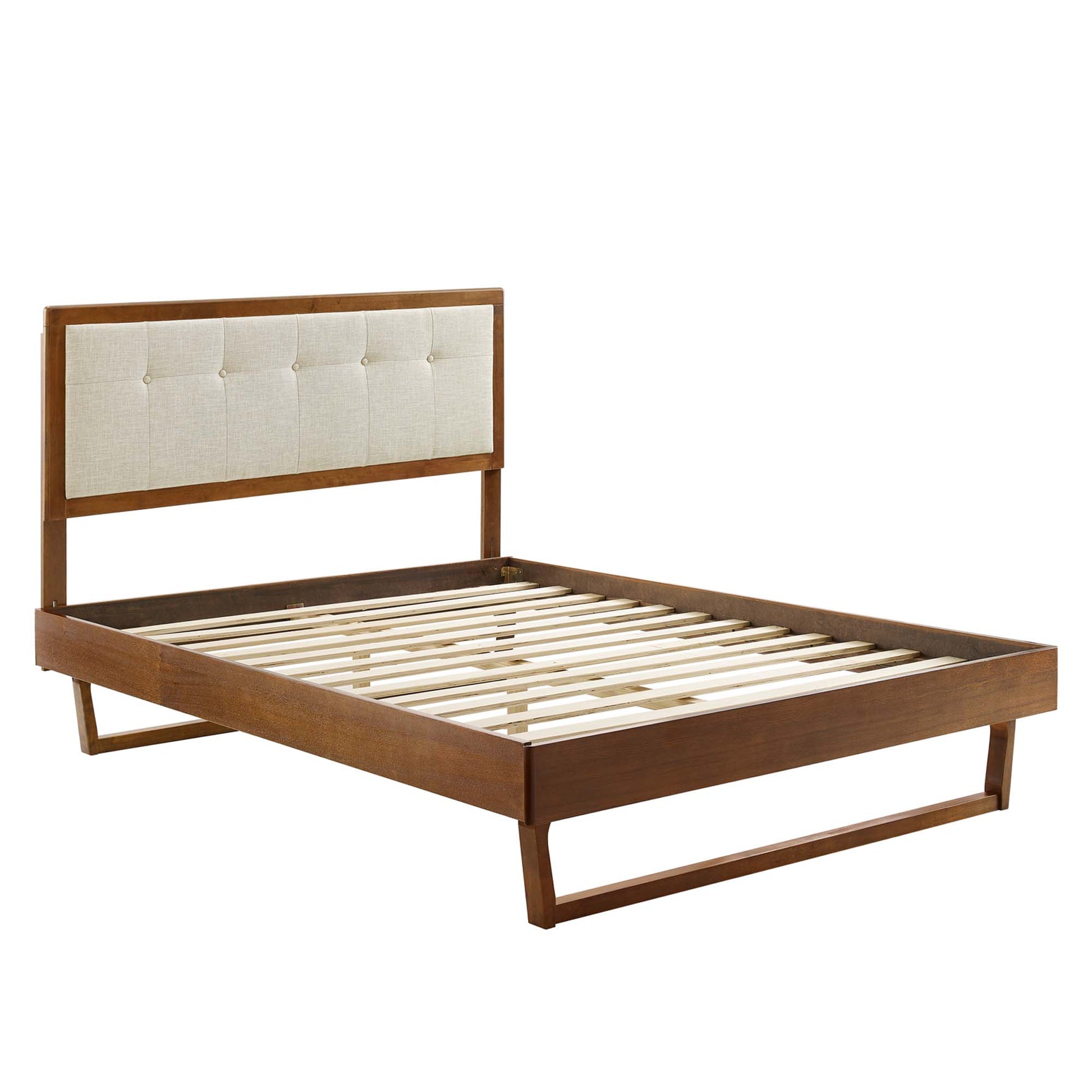 Walnut-finish bed frame with beige tufted upholstered headboard and slatted platform base.