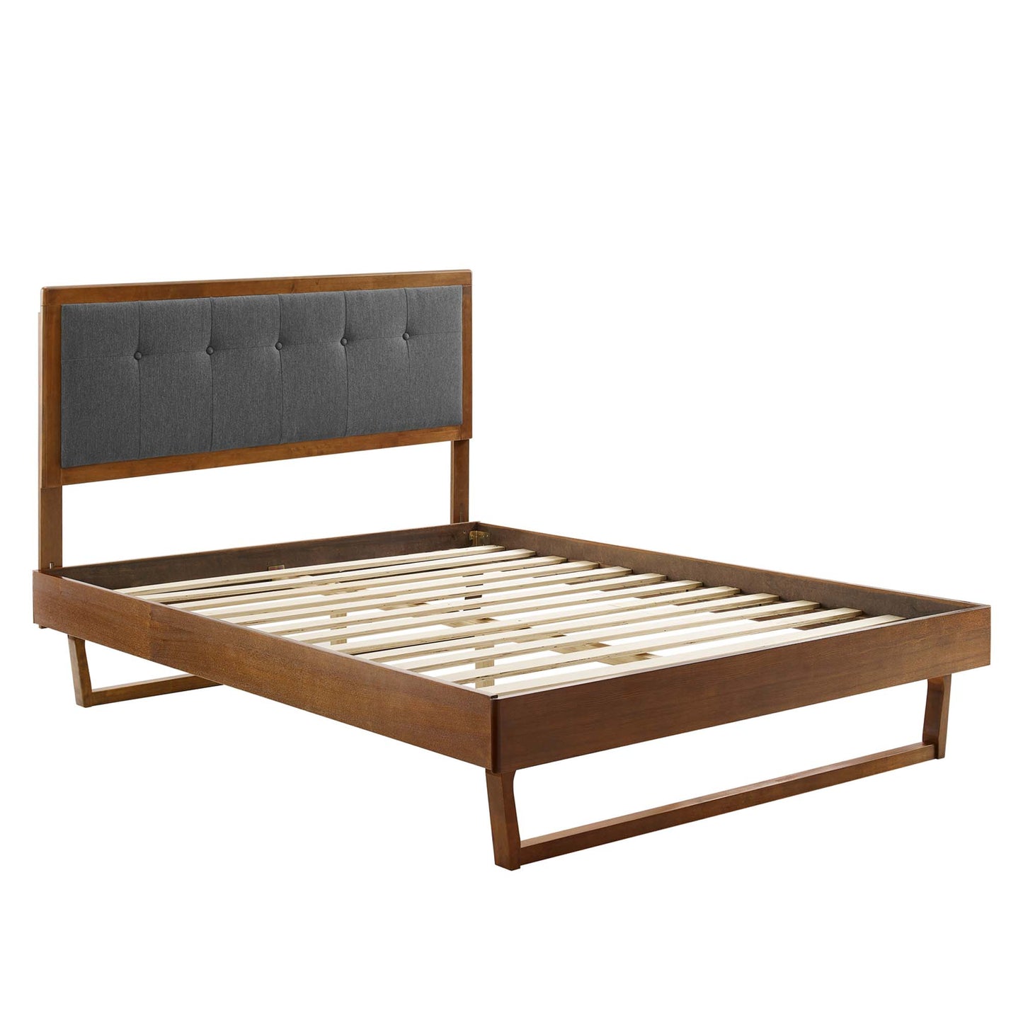 Willow Wood king platform bed with angular frame, featuring a charcoal-gray tufted headboard and slatted base.