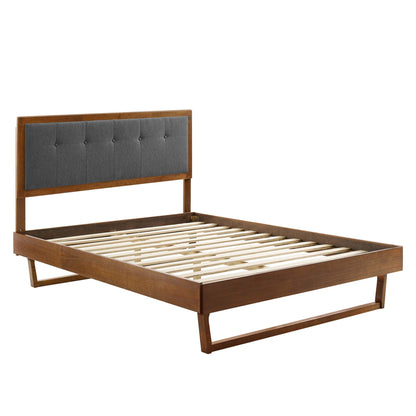 Willow Wood king platform bed with angular frame, featuring a charcoal-gray tufted headboard and slatted base.