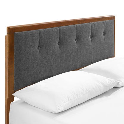 Walnut wood headboard with dark gray button-tufted fabric panels, modern bed frame.