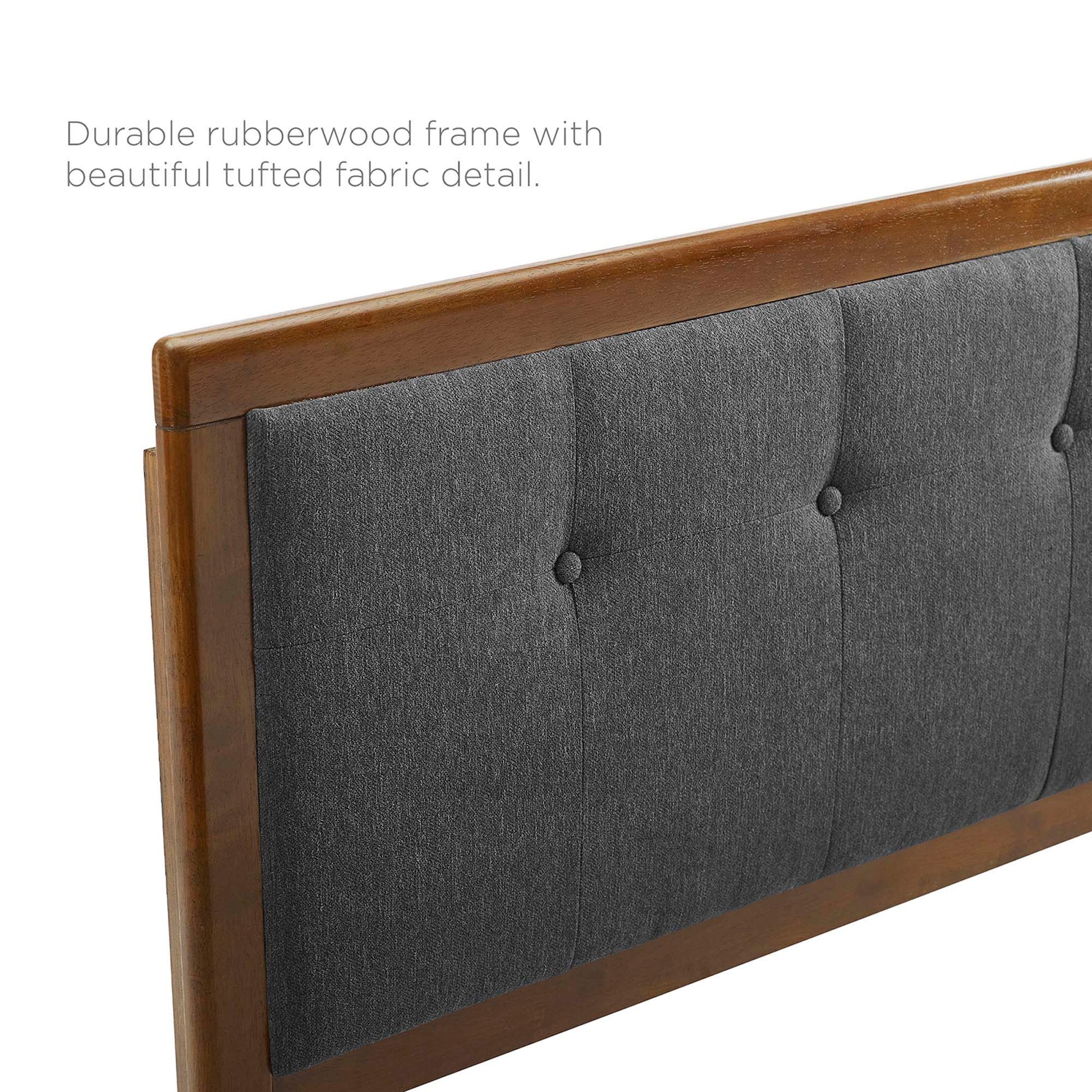 Willow Wood rubberwood platform bed with an angular frame and a dark gray tufted fabric headboard with button tufting.