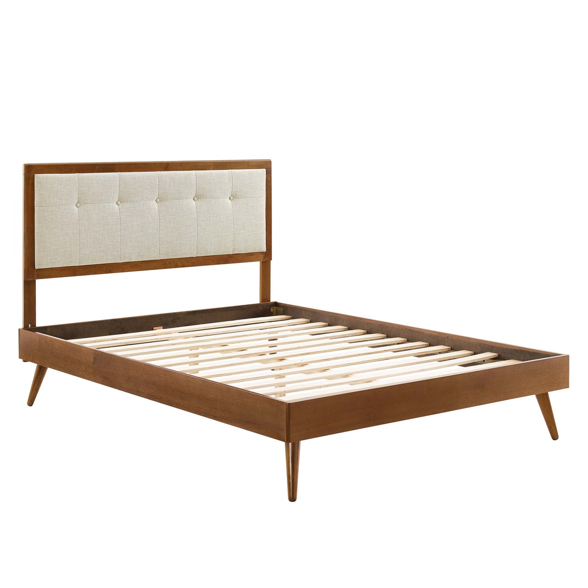 Mid-century walnut full platform bed with slatted foundation and splayed legs.