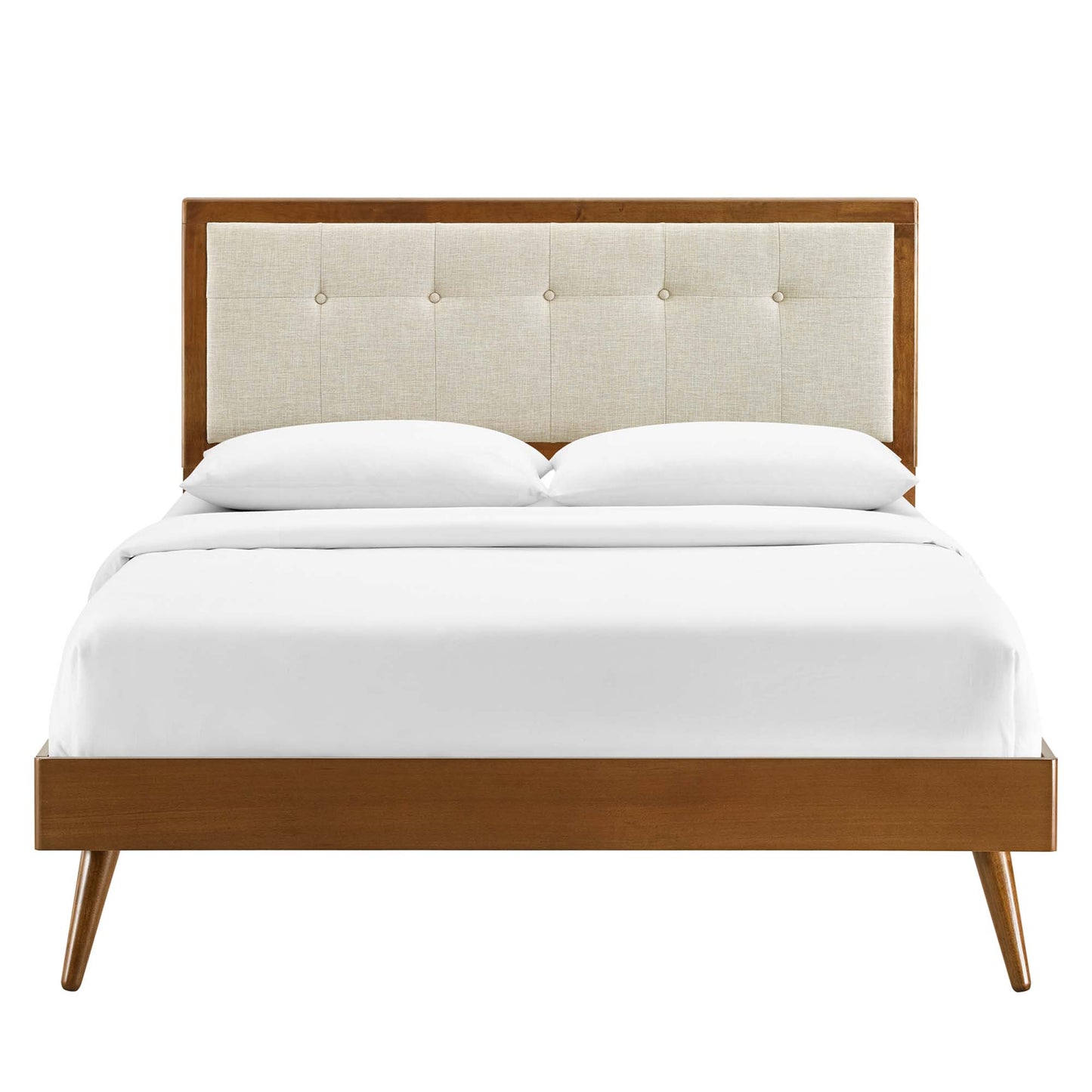 Mid-century walnut full platform bed with splayed legs and white bedding.