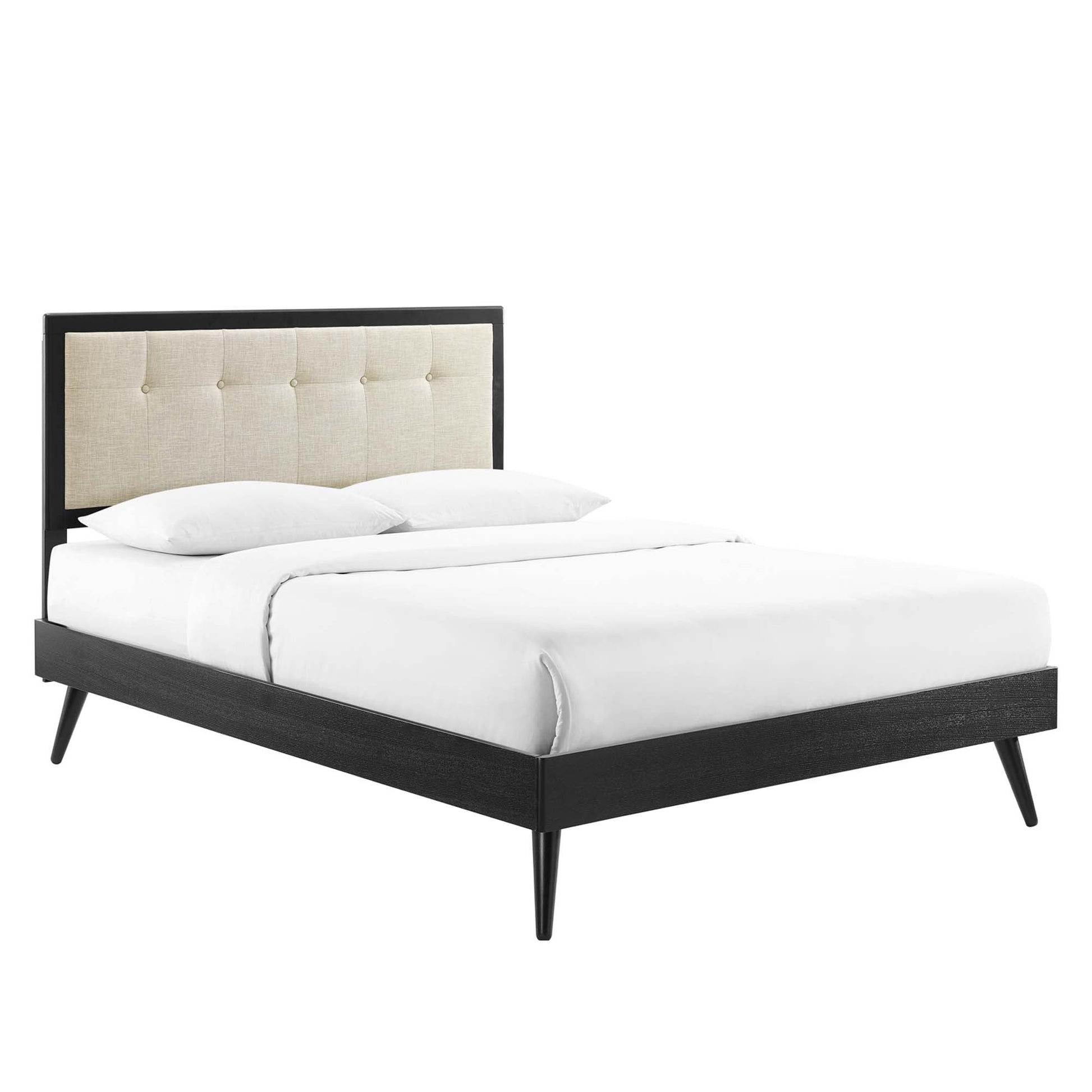 Brown wood king platform bed with splayed legs.