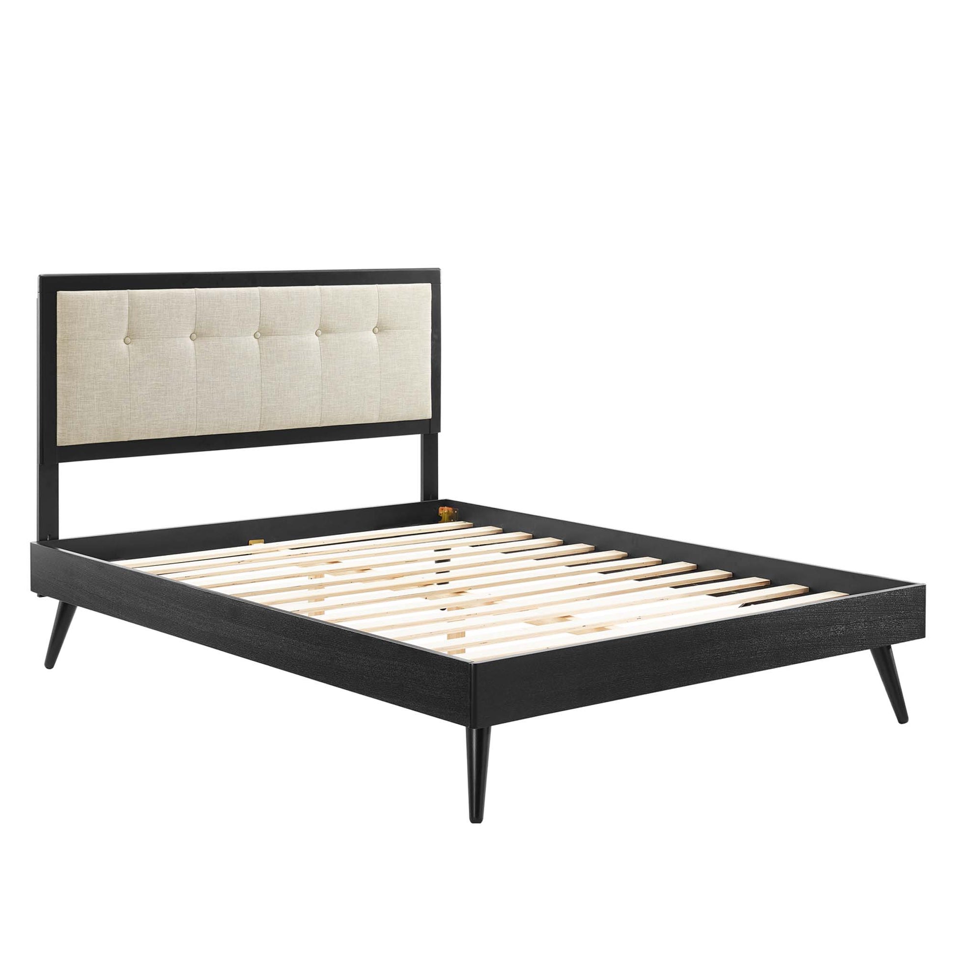 Black wood king platform bed frame with beige tufted fabric headboard & slatted base, splayed legs.