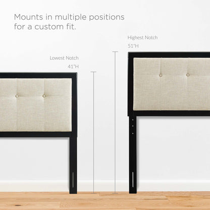 Brown wood king platform bed with splayed legs; adjustable height from 41 to 51 inches.