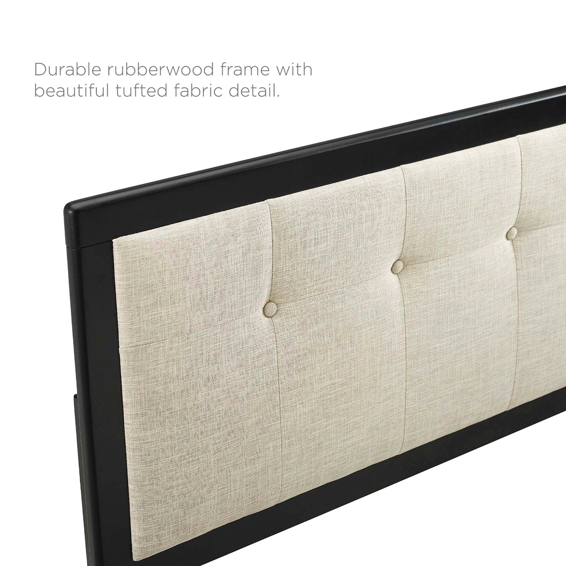 Black rubberwood frame headboard with beige tufted fabric panel and button tufts.