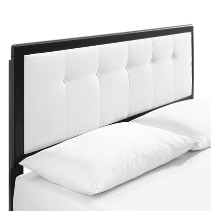 White king platform bed with splayed legs, modern style, white bedding.