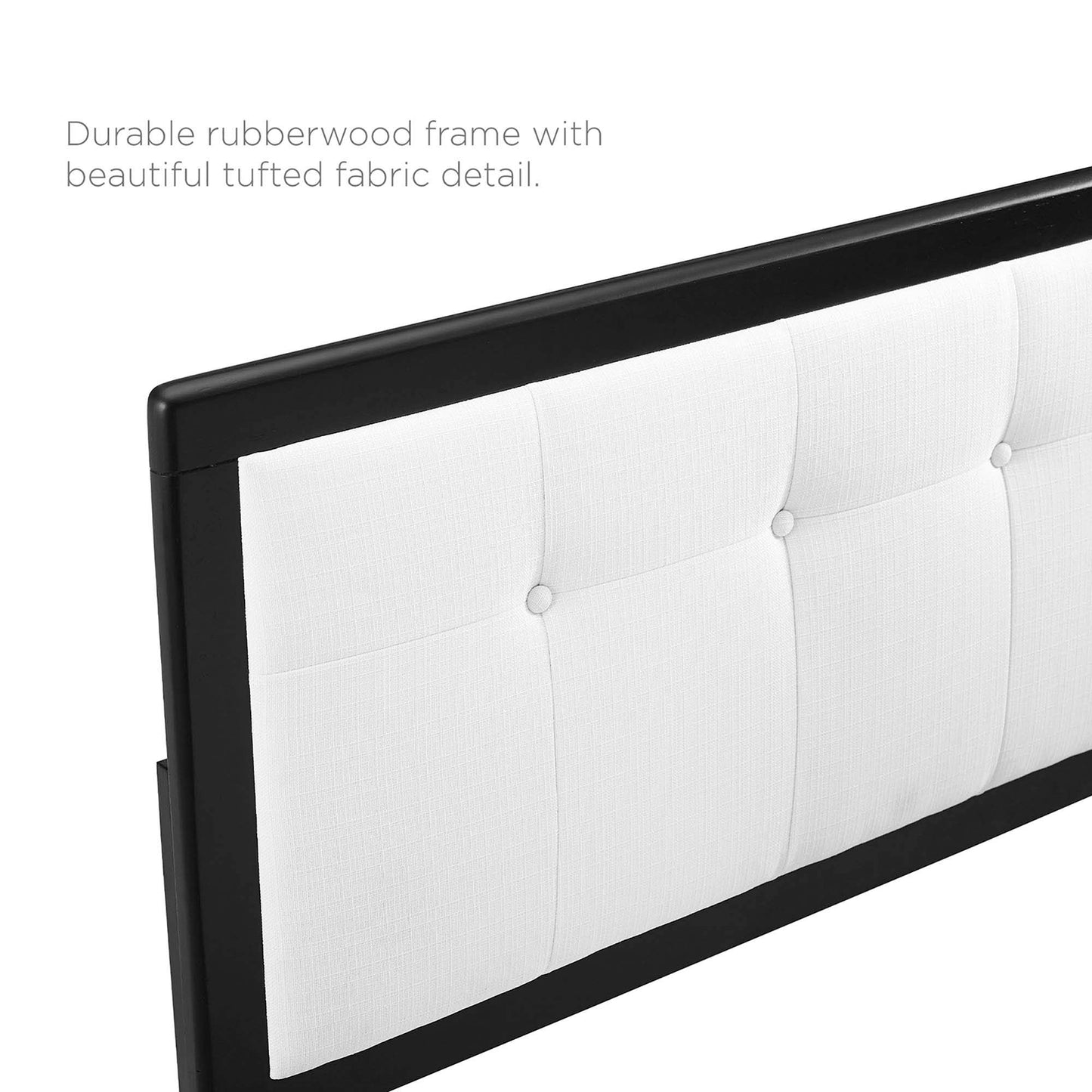 Black rubberwood platform bed with a white tufted fabric headboard featuring button tufting and splayed legs.