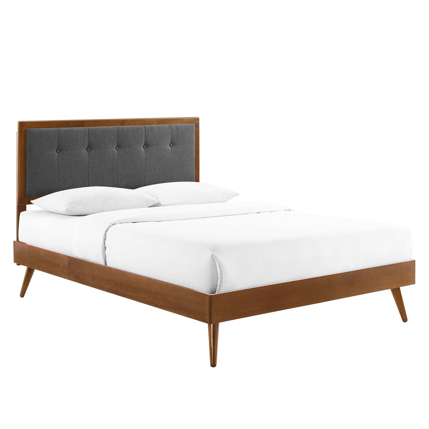 Willow Wood king platform bed with splayed legs and white bedding.