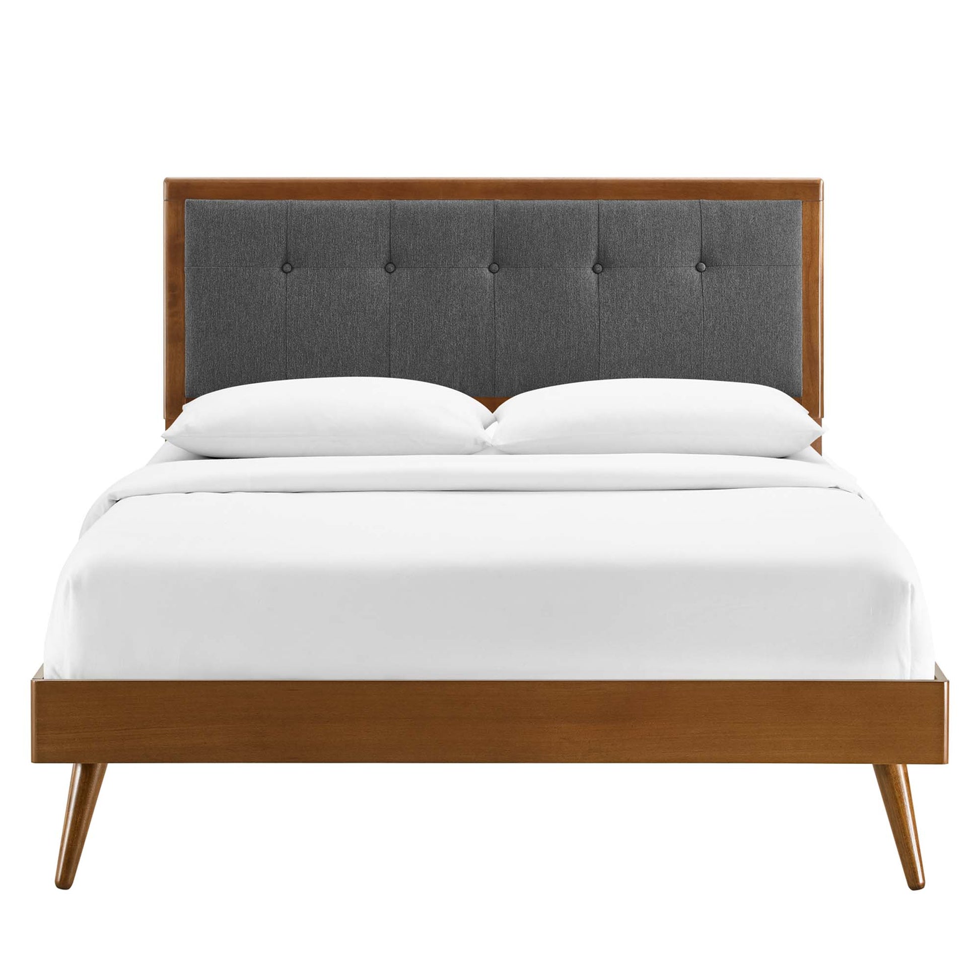 Willow wood king platform bed with splayed legs, grey tufted headboard, white bedding