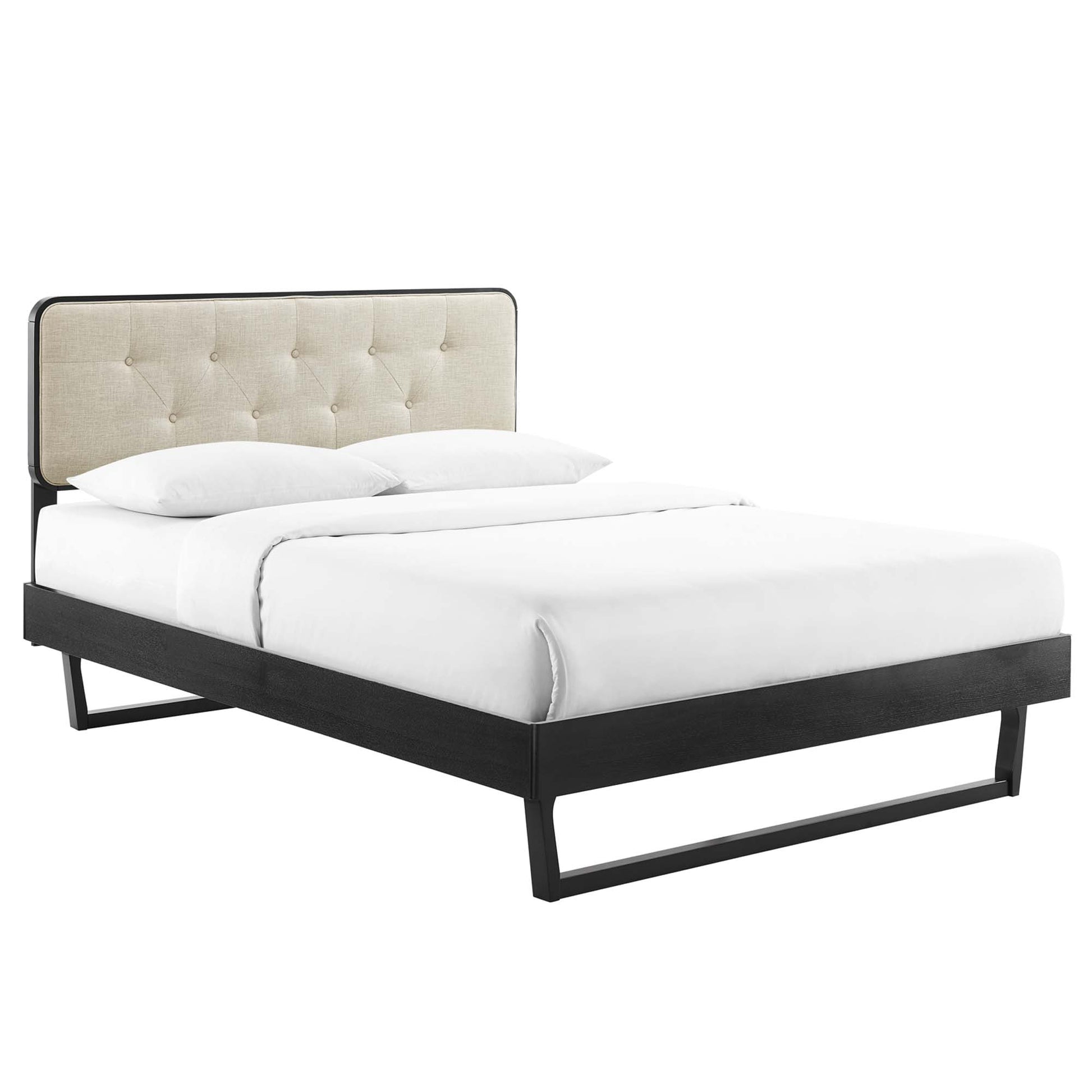 Modern platform bed with dark wood angular frame & beige tufted headboard, white bedding.