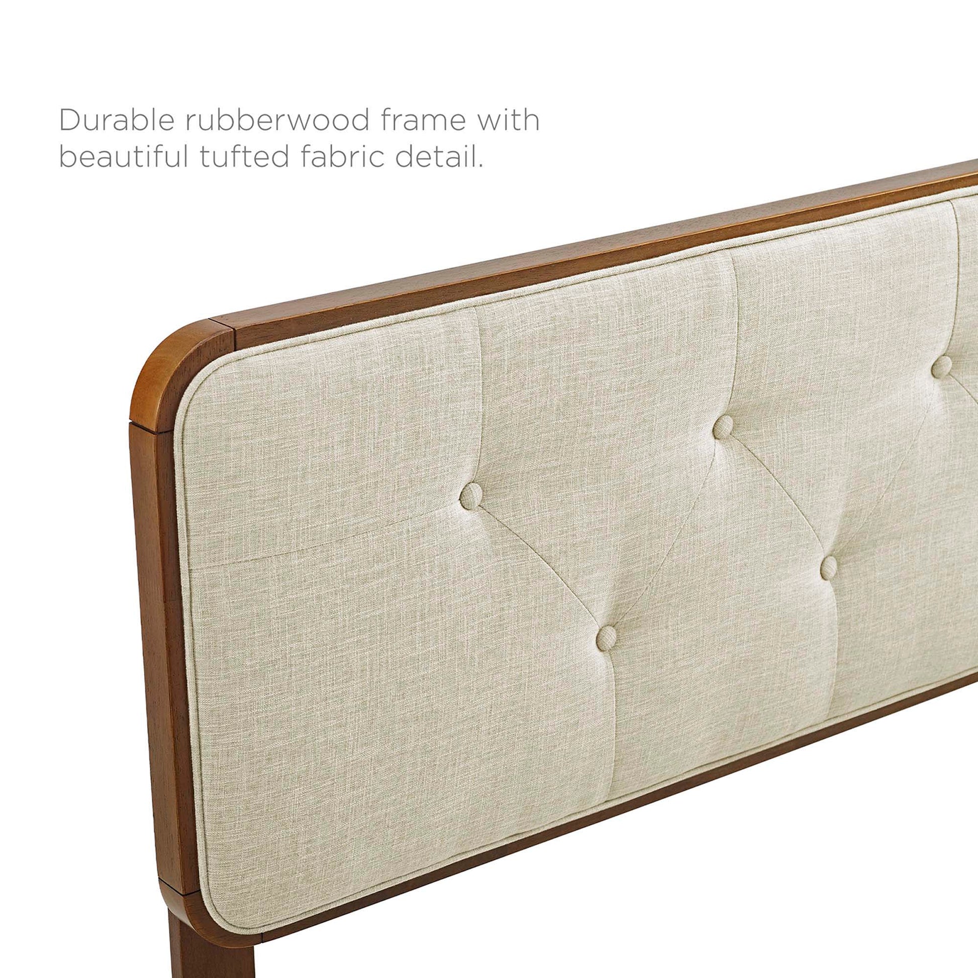 Walnut rubberwood frame headboard with beige tufted fabric panels and button tufting.