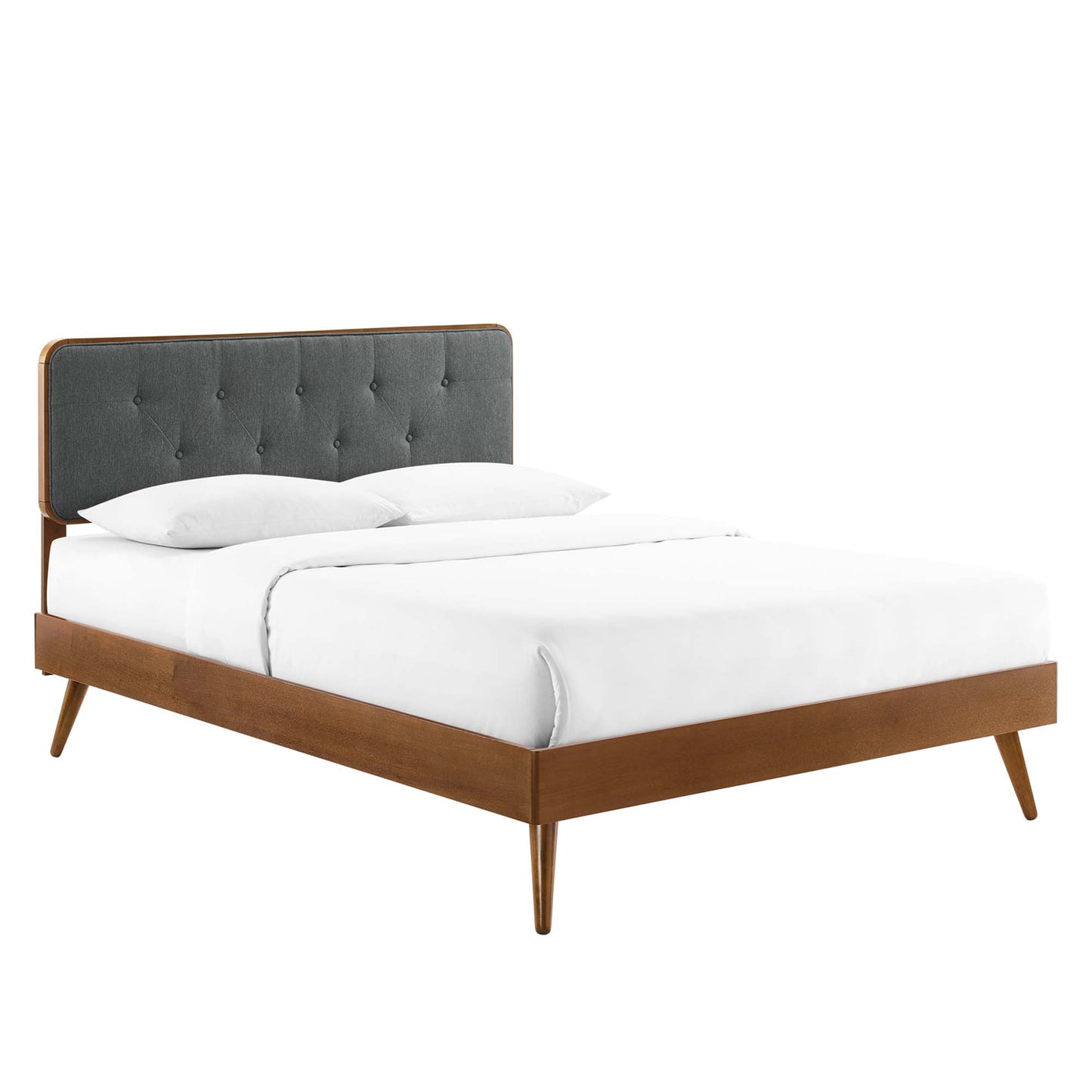 Walnut wood full platform bed with splayed legs, white bedding