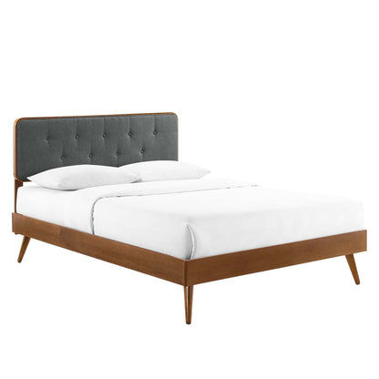 Walnut wood full platform bed with splayed legs, white bedding