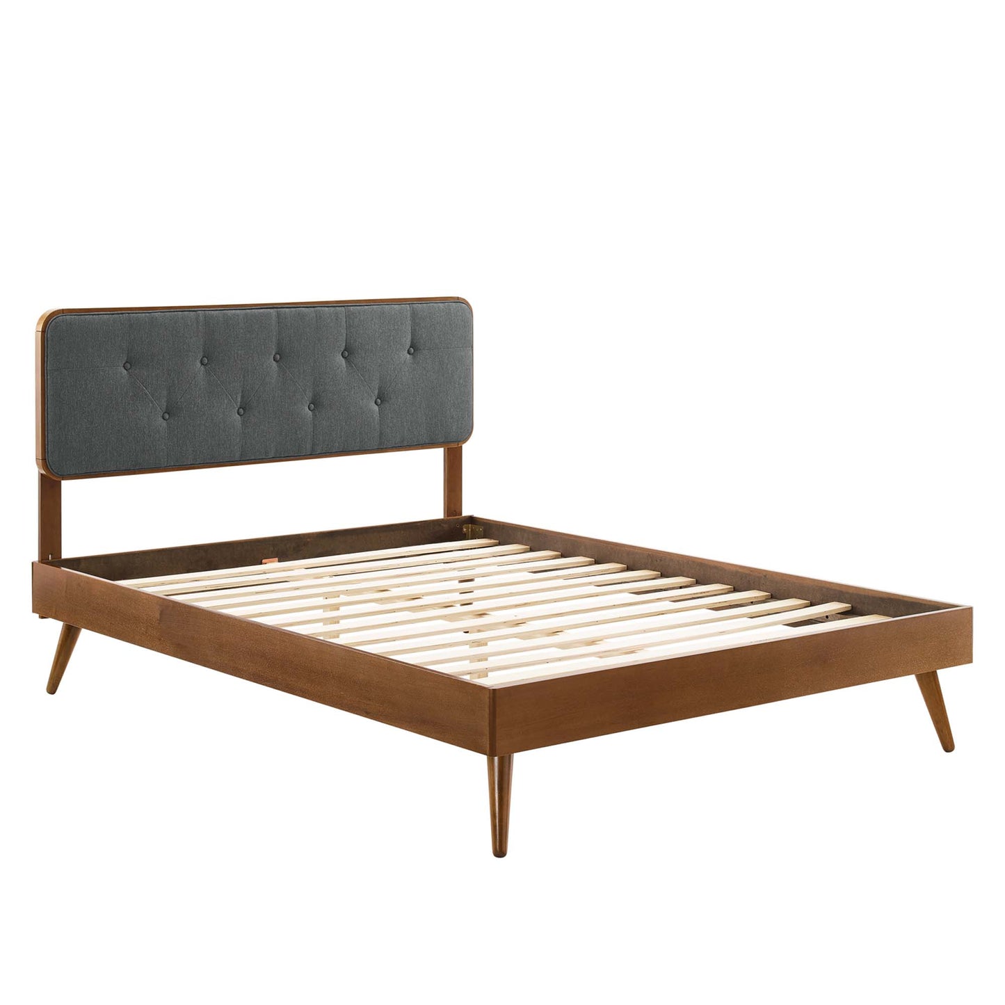 Walnut wood full platform bed with slatted base and splayed legs
