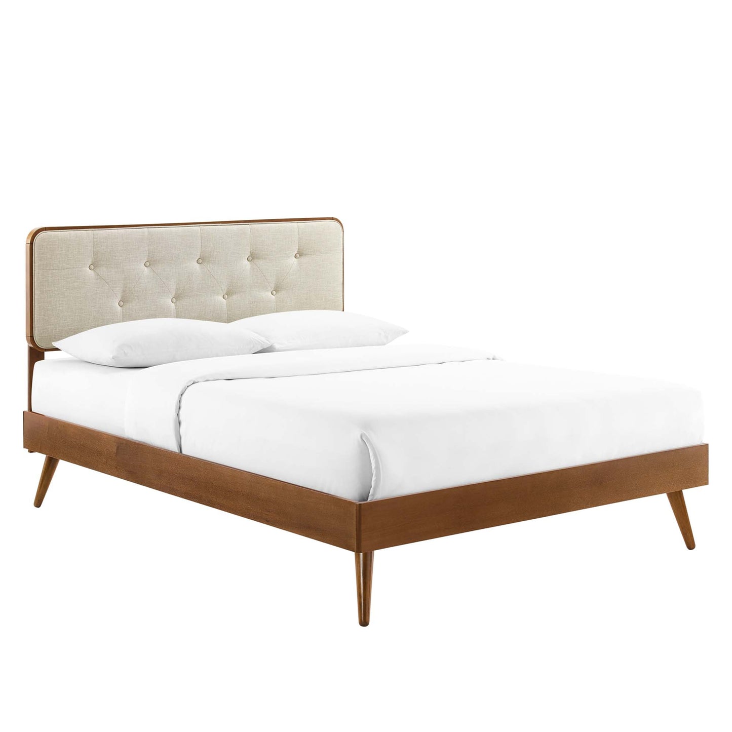 Walnut wood twin platform bed with splayed legs, shown with white bedding.